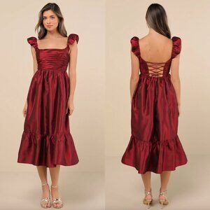 NWT Lulu's Wine Red Taffeta Satin Poised Passion Lace Up Pleated Midi Dress